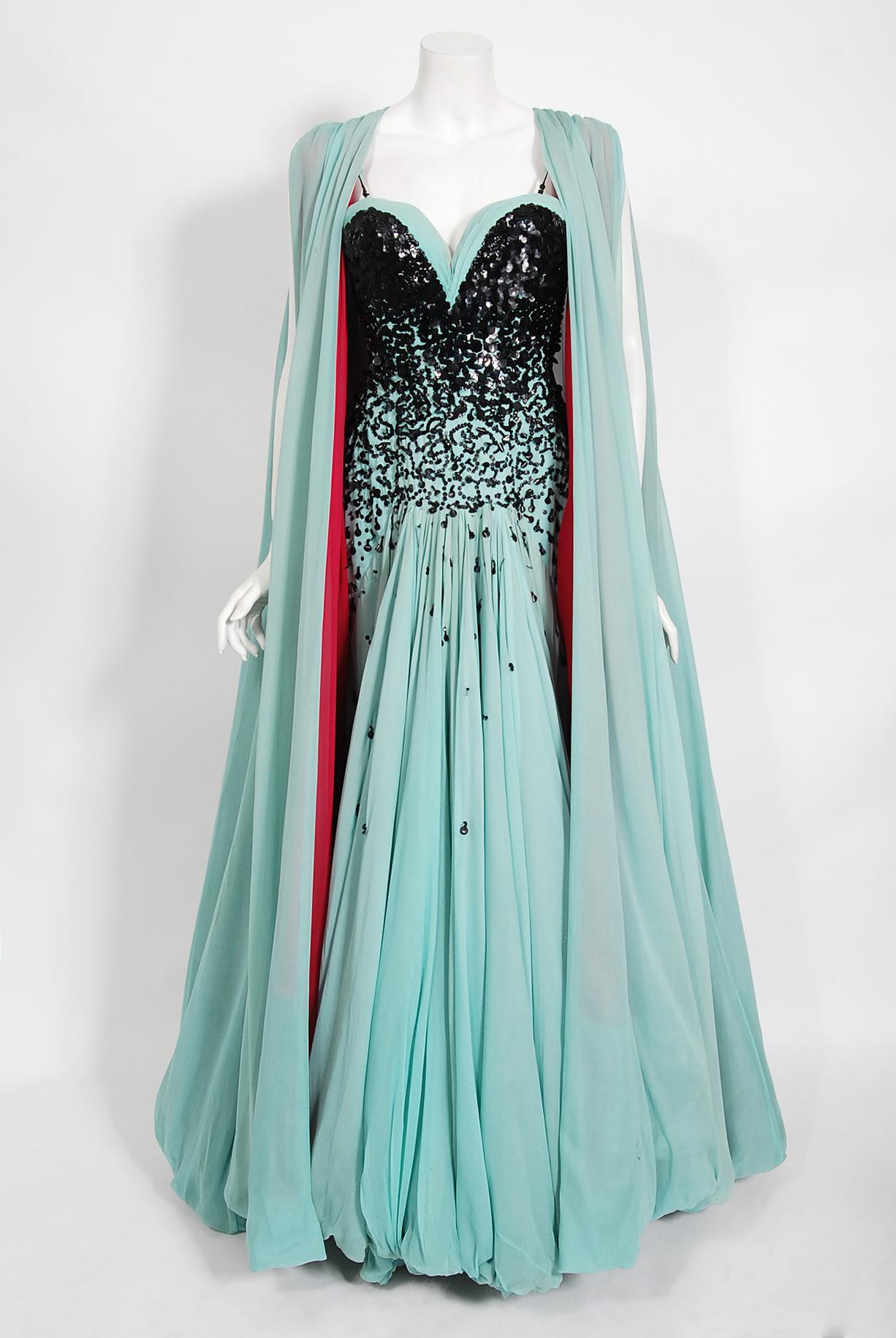 Women's Vintage 1950's Yma Sumac Custom Couture Beaded Blue Silk Hourglass Gown Ensemble