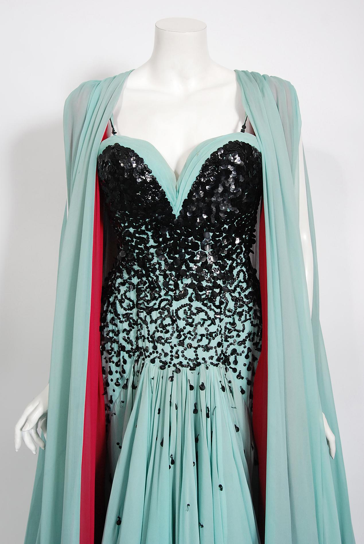 Vintage 1950's Yma Sumac Custom Couture Beaded Blue Silk Hourglass Gown Ensemble 1