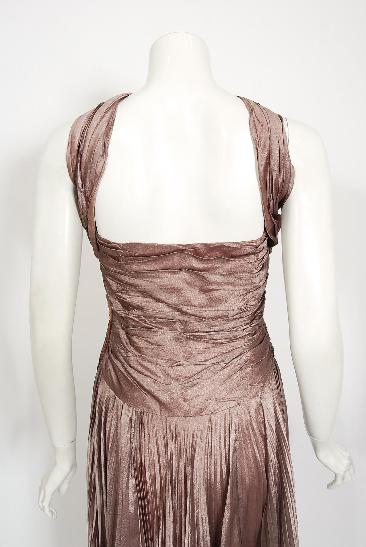 Vintage 1950's Marjon Couture Mauve Purple Silk Reverse-Halter Pleated Gown  For Sale 1