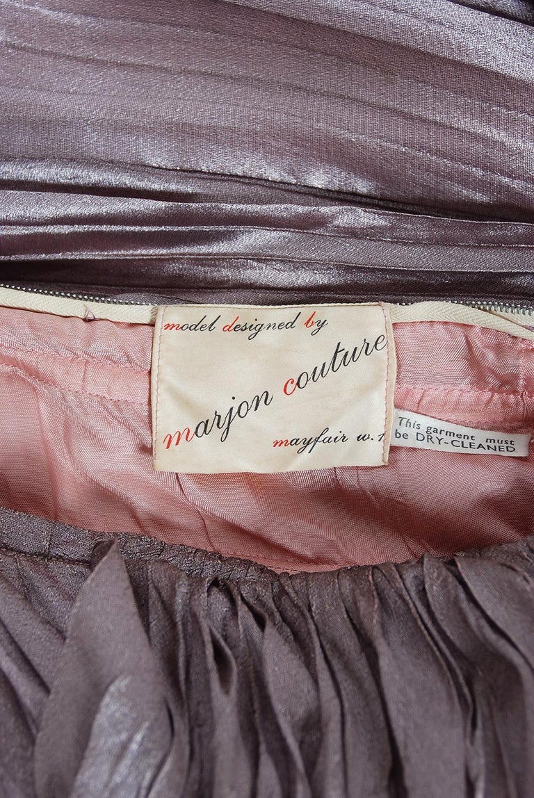 Vintage 1950's Marjon Couture Mauve Purple Silk Reverse-Halter Pleated Gown  For Sale 5