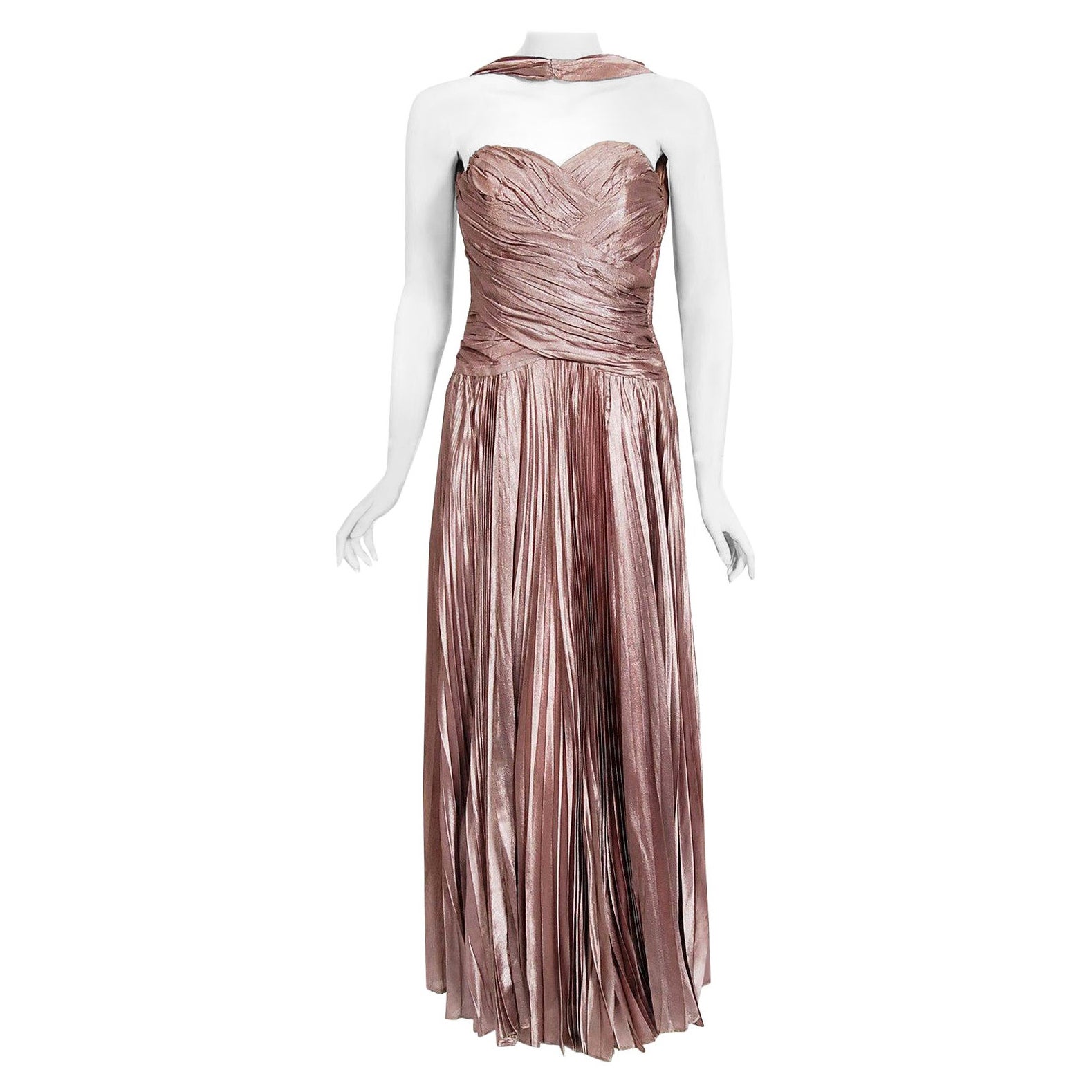 Vintage años 50 Marjon Couture Vestido plisado de seda malva púrpura reverso-halter