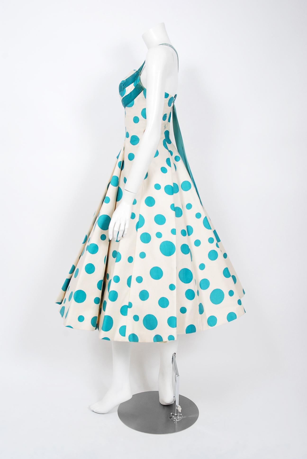 Beige Vintage 1950's Marlene Blue Polka Dot Print Cotton Shelf-Bust Circle Skirt Dress