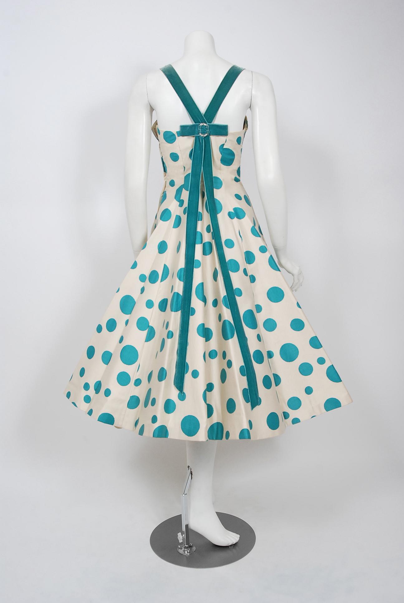 Vintage 1950's Marlene Blue Polka Dot Print Cotton Shelf-Bust Circle Skirt Dress In Good Condition In Beverly Hills, CA