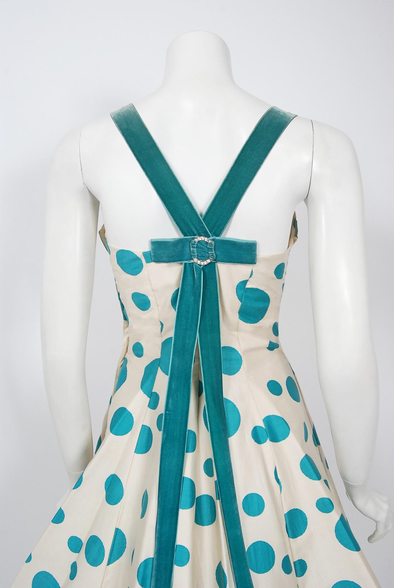 Women's Vintage 1950's Marlene Blue Polka Dot Print Cotton Shelf-Bust Circle Skirt Dress