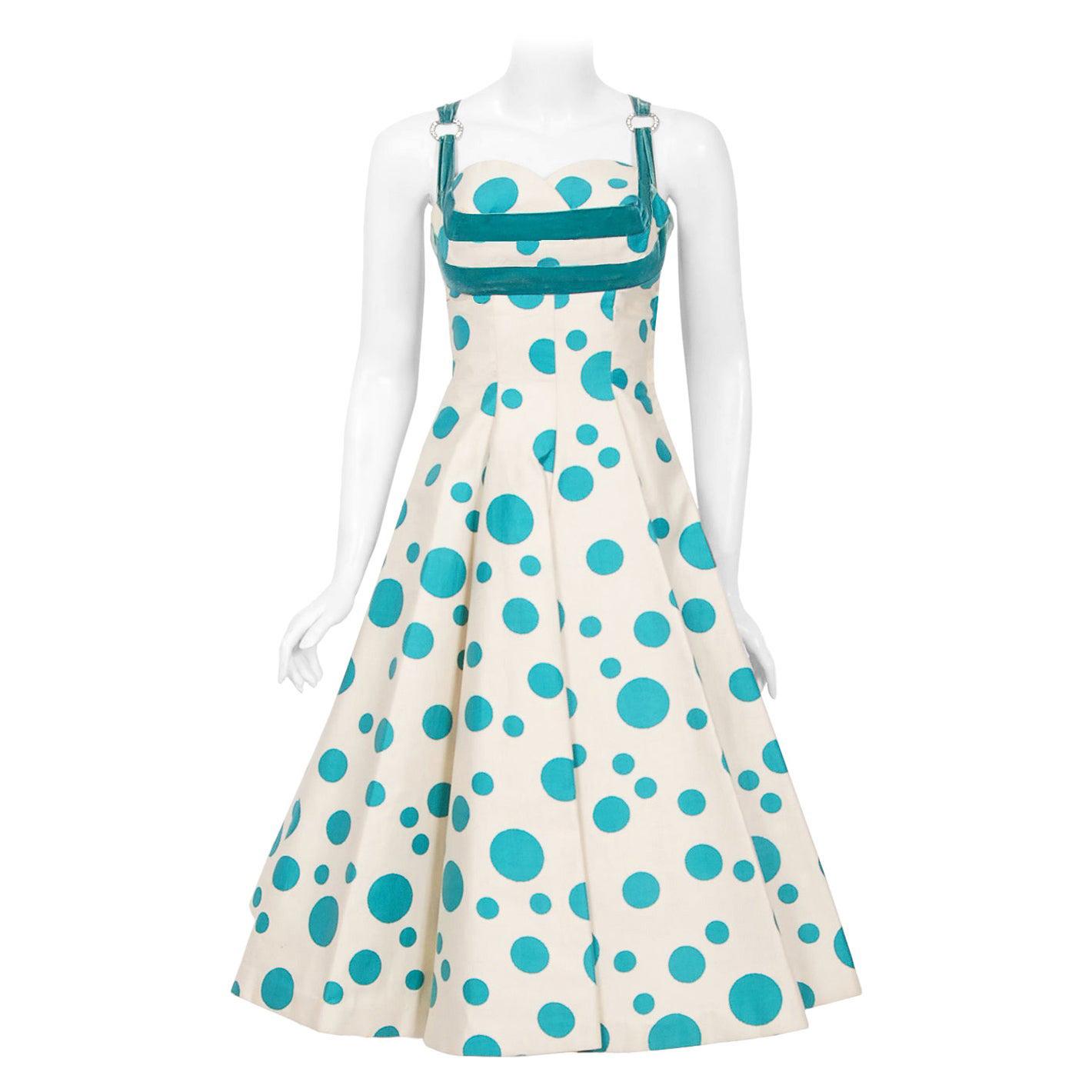 Vintage 1950's Marlene Blue Polka Dot Print Cotton Shelf-Bust Circle Skirt Dress