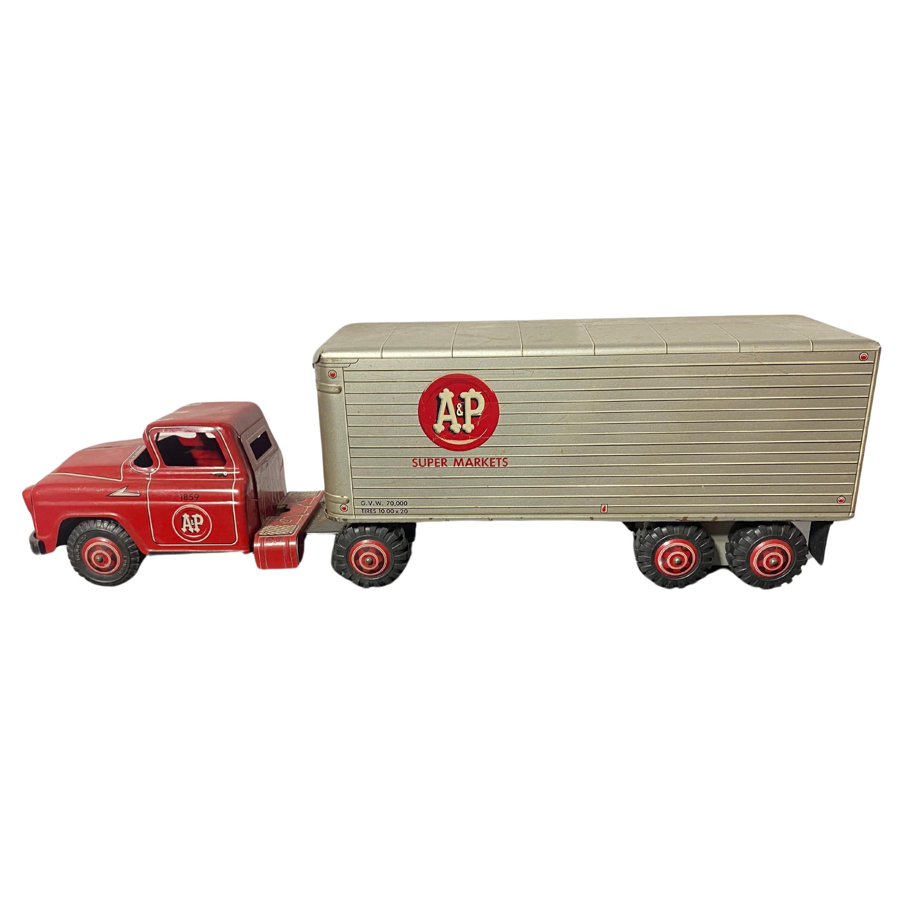 Vintage By 1950 MARX  Camion giocattolo per le consegne del mercato A&P in acciaio e alluminio pressato 