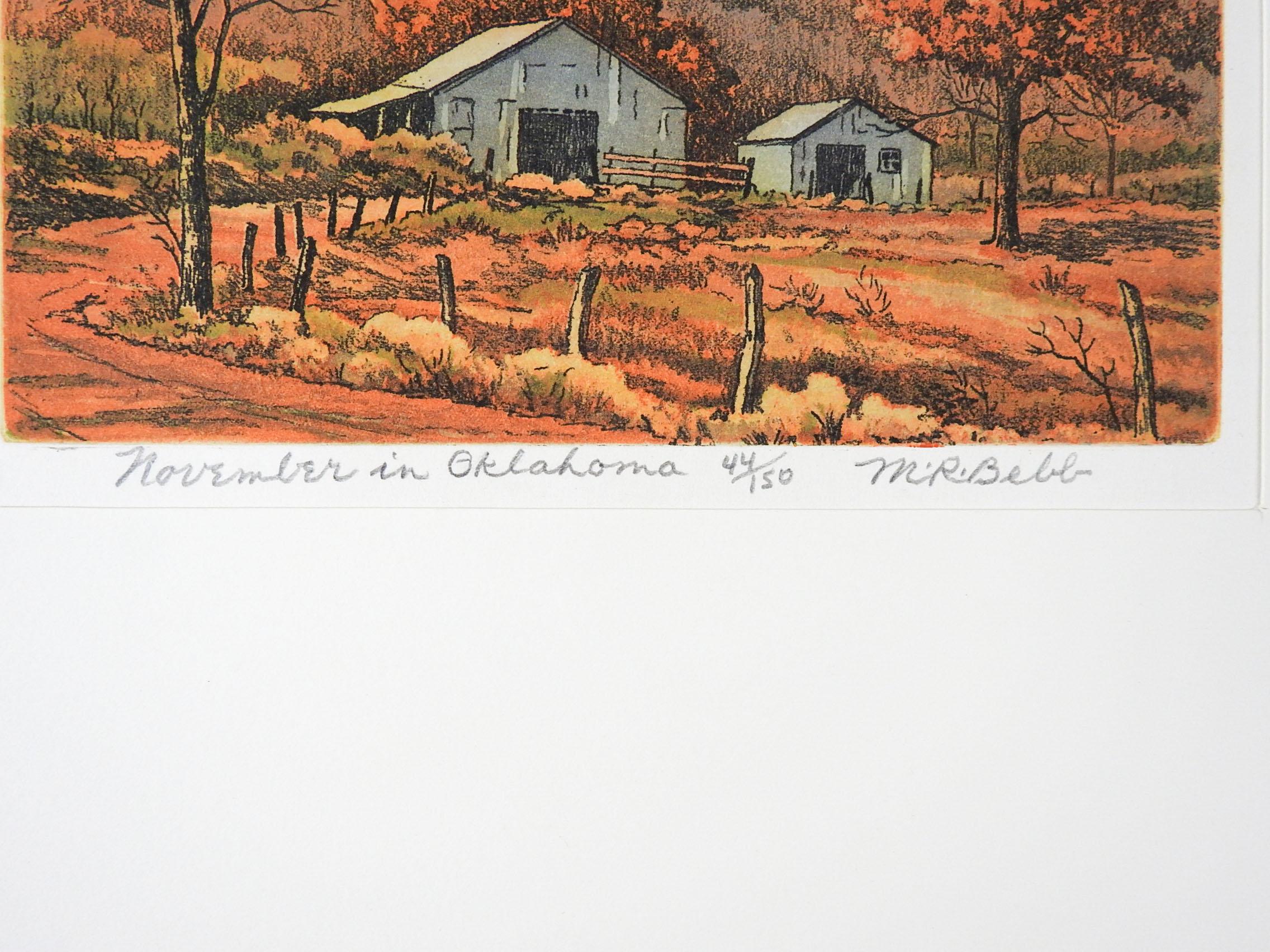 Vintage circa 1950's Maurice R. Bebbs (1891-1985) aquatint etching on paper. Signed, titled November in Oklahoma, numbered 44/150 in pencil along lower margin. Unframed, displayed in folded cardstock mat, opening size 7.25