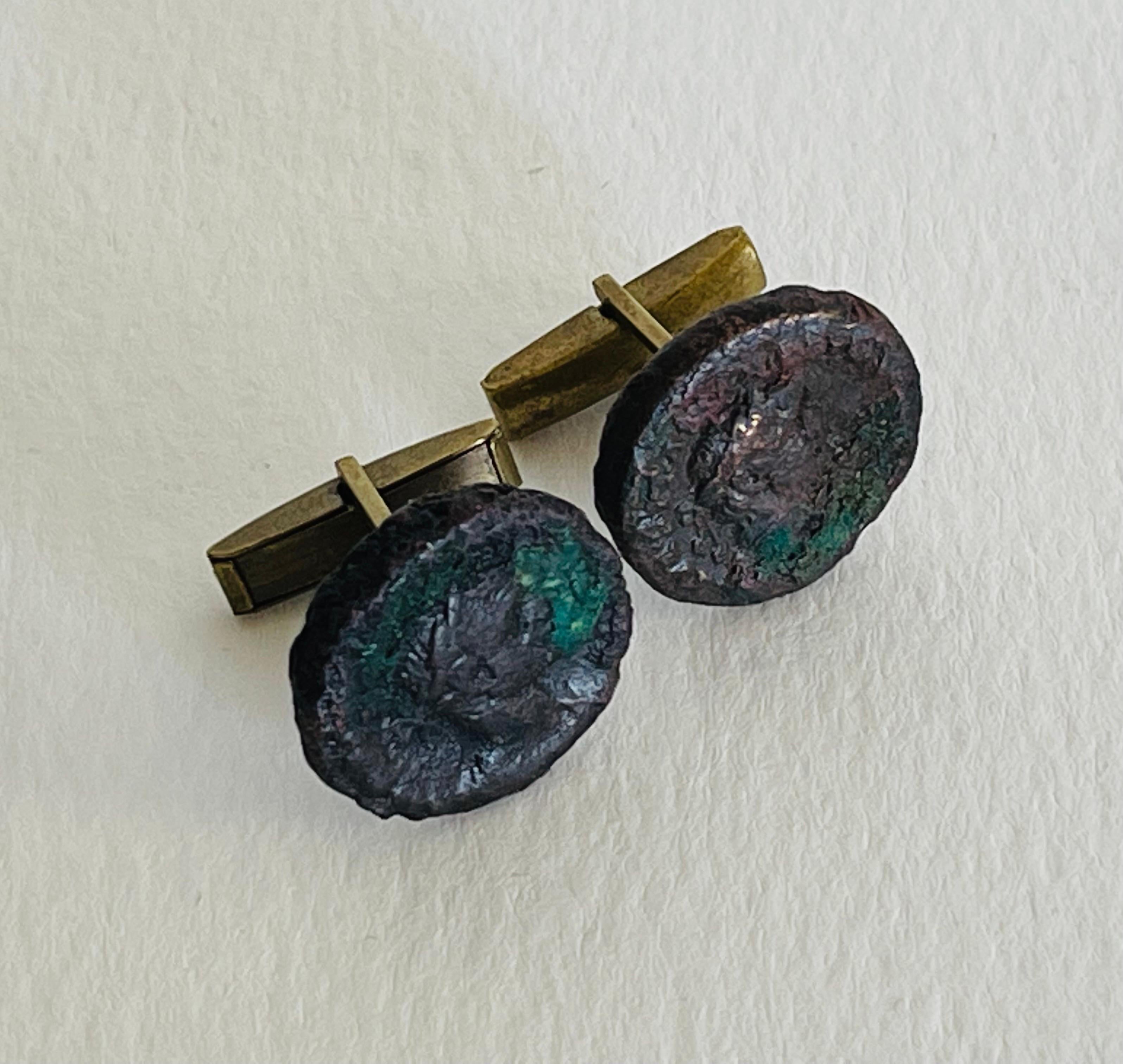 Vintage 1950s pair of men's cufflinks with ancient coins. No marks.