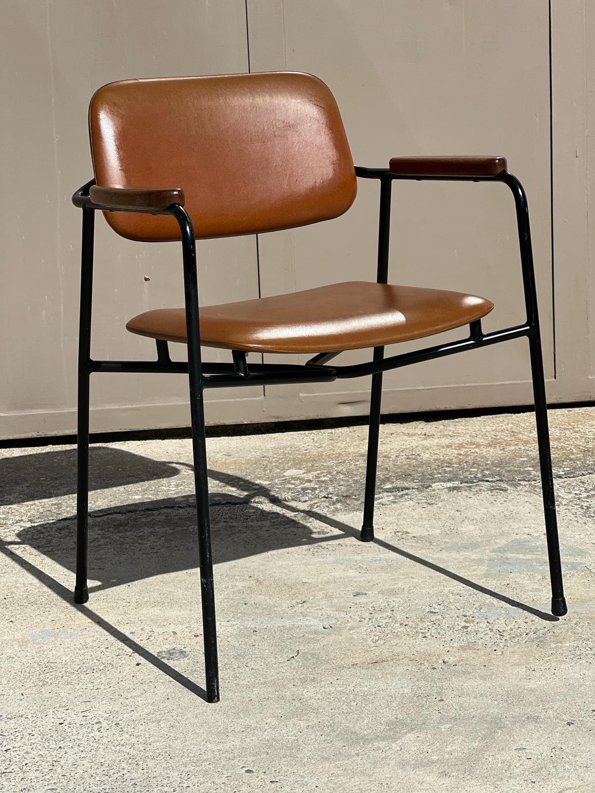 Vintage-Sessel aus Metall, Eiche und braunem Kunstleder im Stil von Pierre Paulin aus den 1950er Jahren  im Angebot 4