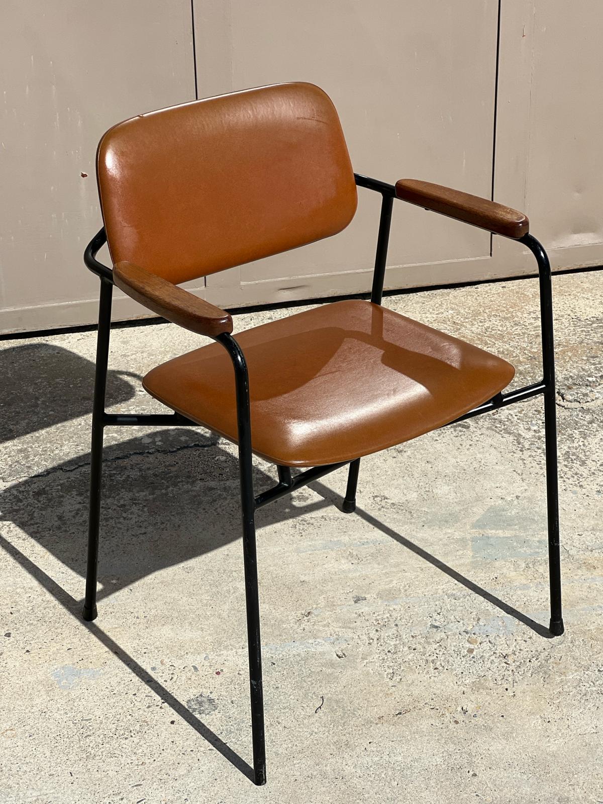 Vintage 1950s metal, oak and brown leatherette armchair in Pierre Paulin style  For Sale 4