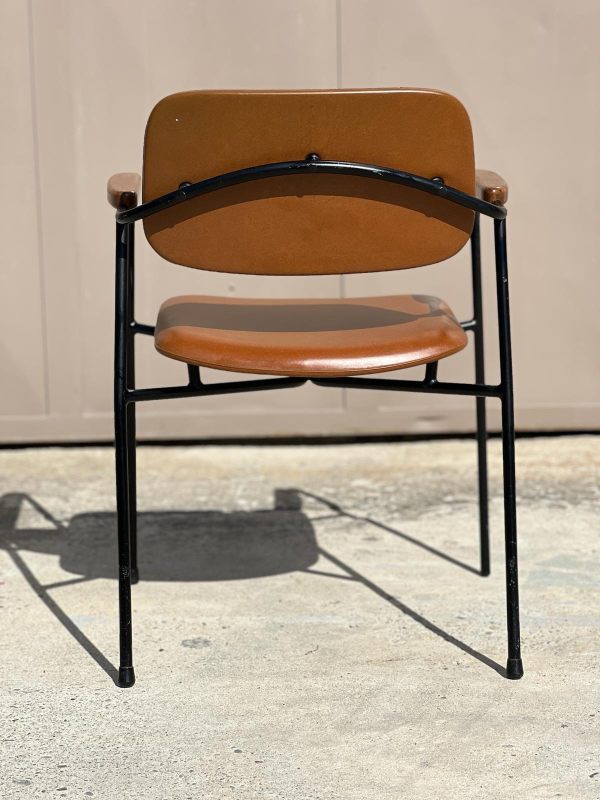 Vintage 1950s metal, oak and brown leatherette armchair in Pierre Paulin style  For Sale 6