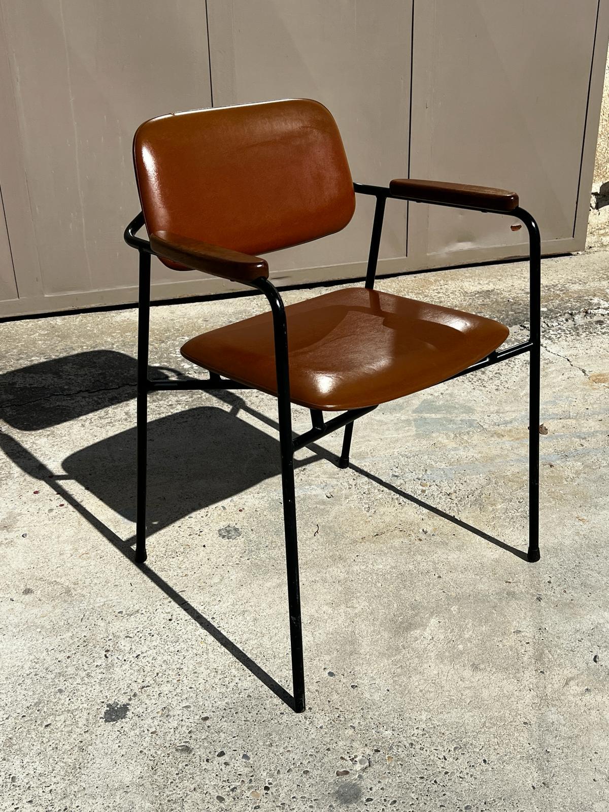 Mid-Century Modern Vintage 1950s metal, oak and brown leatherette armchair in Pierre Paulin style  For Sale