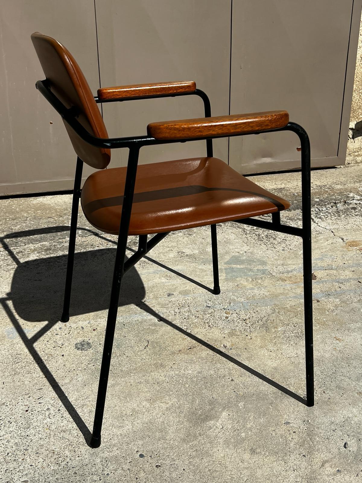 Vintage-Sessel aus Metall, Eiche und braunem Kunstleder im Stil von Pierre Paulin aus den 1950er Jahren  (Mitte des 20. Jahrhunderts) im Angebot