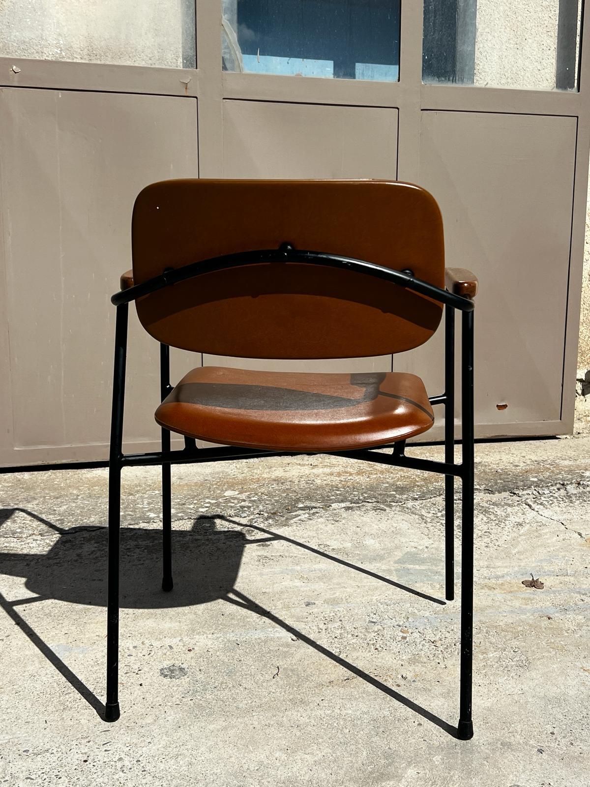 Metal Vintage 1950s metal, oak and brown leatherette armchair in Pierre Paulin style  For Sale