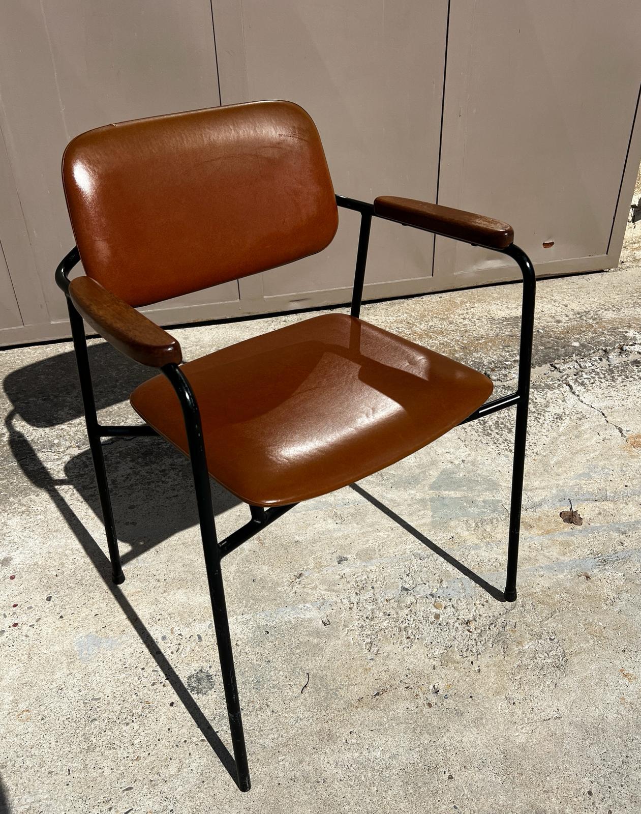 Vintage 1950s metal, oak and brown leatherette armchair in Pierre Paulin style  For Sale 2
