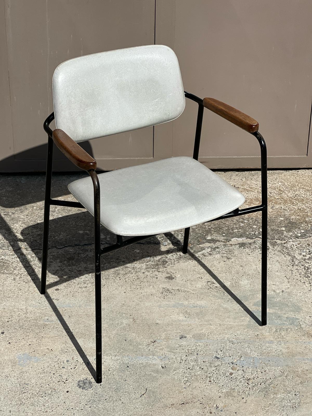 Mid-Century Modern Vintage 1950s metal, oak and white leatherette armchair in Pierre Paulin style  For Sale