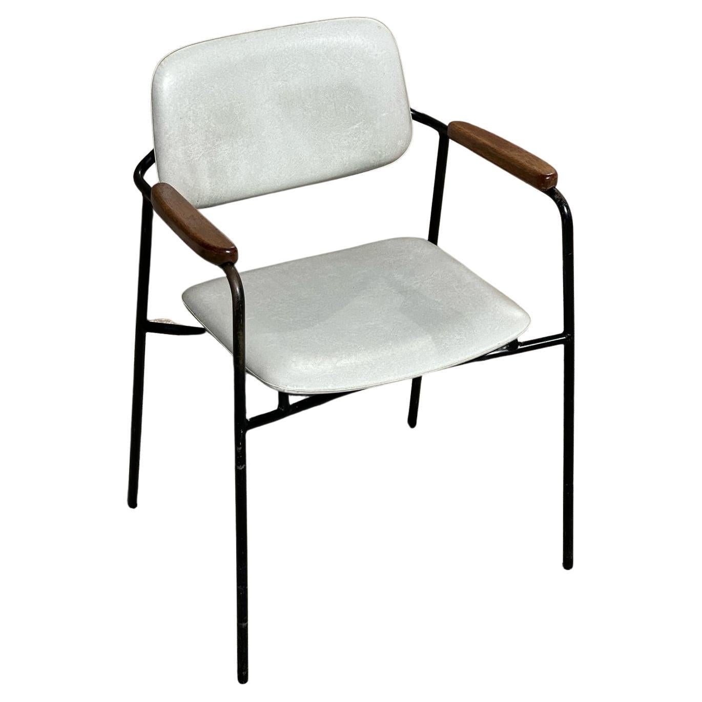 Vintage 1950s metal, oak and white leatherette armchair in Pierre Paulin style  For Sale