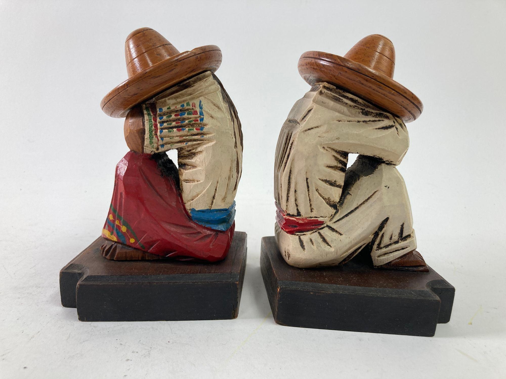 Vintage 1950s Mexican Carved Wood Sculpture Polychrome Bookends Siesta Folk Art 6