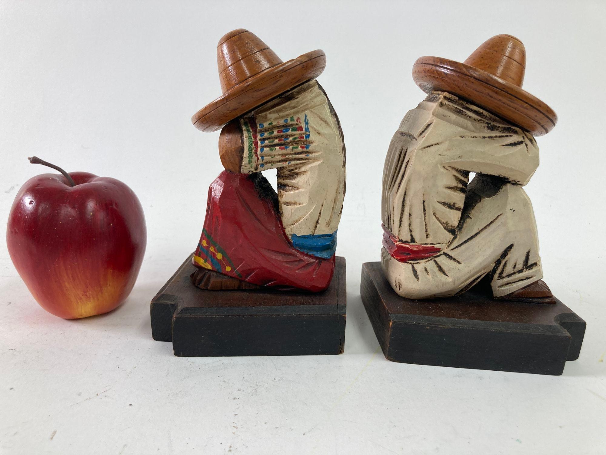 Vintage 1950s Mexican Carved Wood Sculpture Polychrome Bookends Siesta Folk Art 7