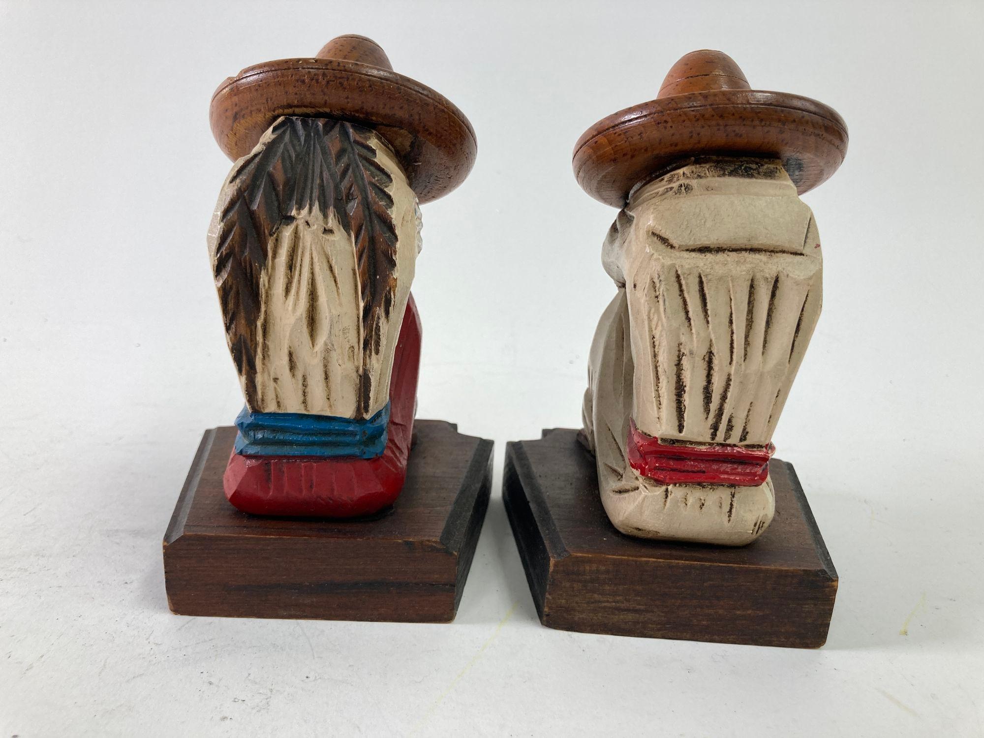Vintage 1950s Mexican Carved Wood Sculpture Polychrome Bookends Siesta Folk Art 8
