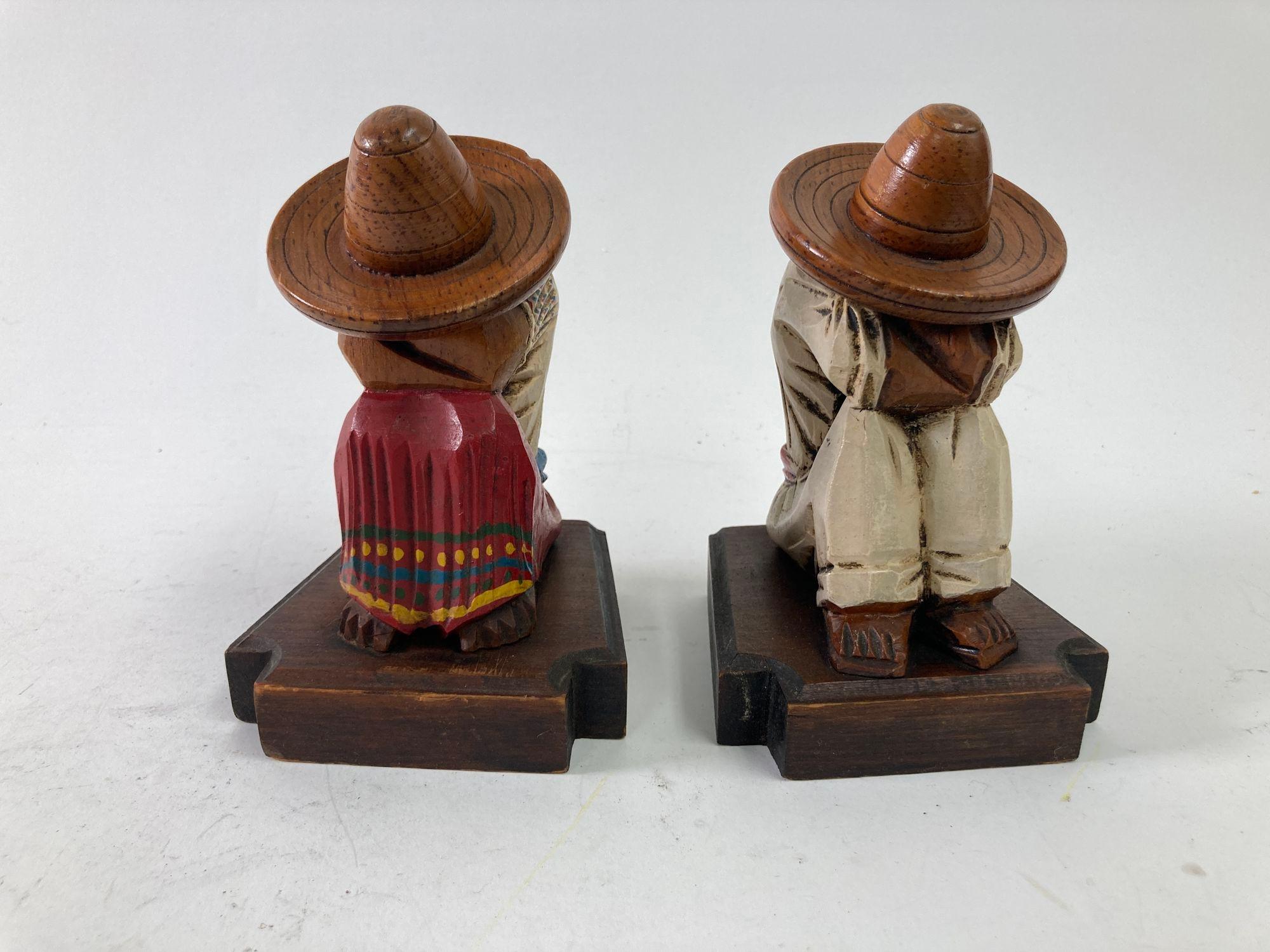 Vintage 1950s Mexican Carved Wood Sculpture Polychrome Bookends Siesta Folk Art 1