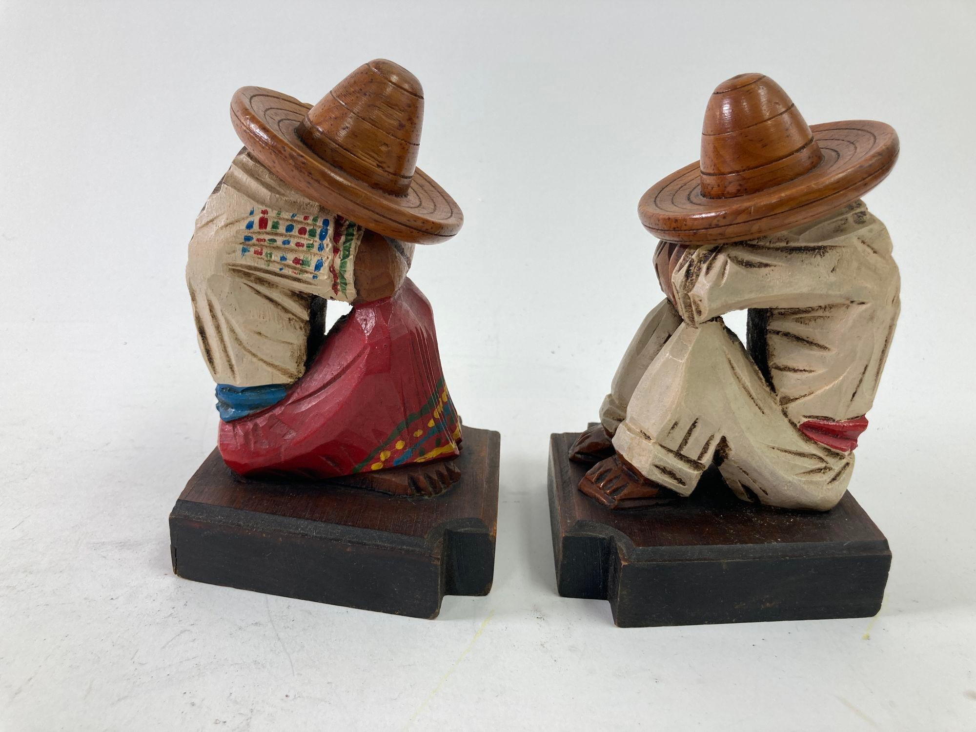 Vintage 1950s Mexican Carved Wood Sculpture Polychrome Bookends Siesta Folk Art 3