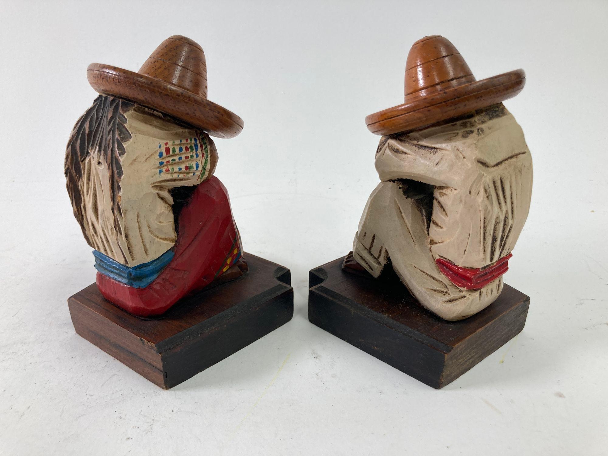 Vintage 1950s Mexican Carved Wood Sculpture Polychrome Bookends Siesta Folk Art 4