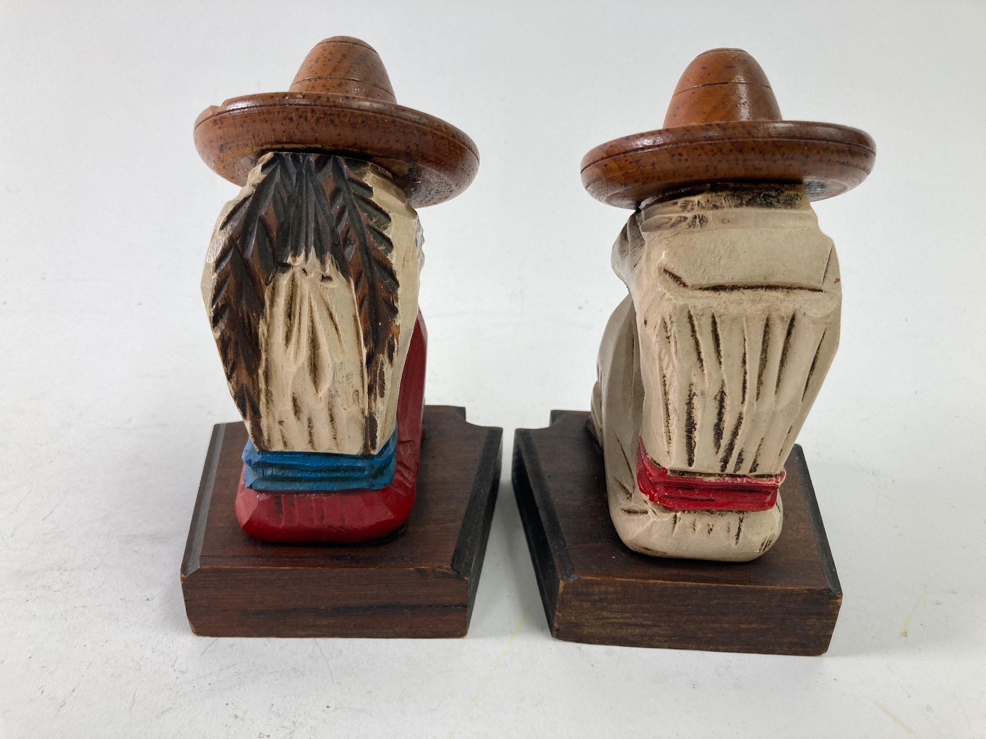 Vintage 1950s Mexican Carved Wood Sculpture Polychrome Bookends Siesta Folk Art 5