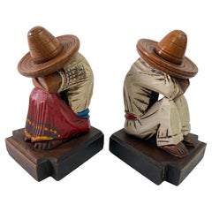 Vintage 1950s Mexican Carved Wood Sculpture Polychrome Bookends Siesta Folk Art