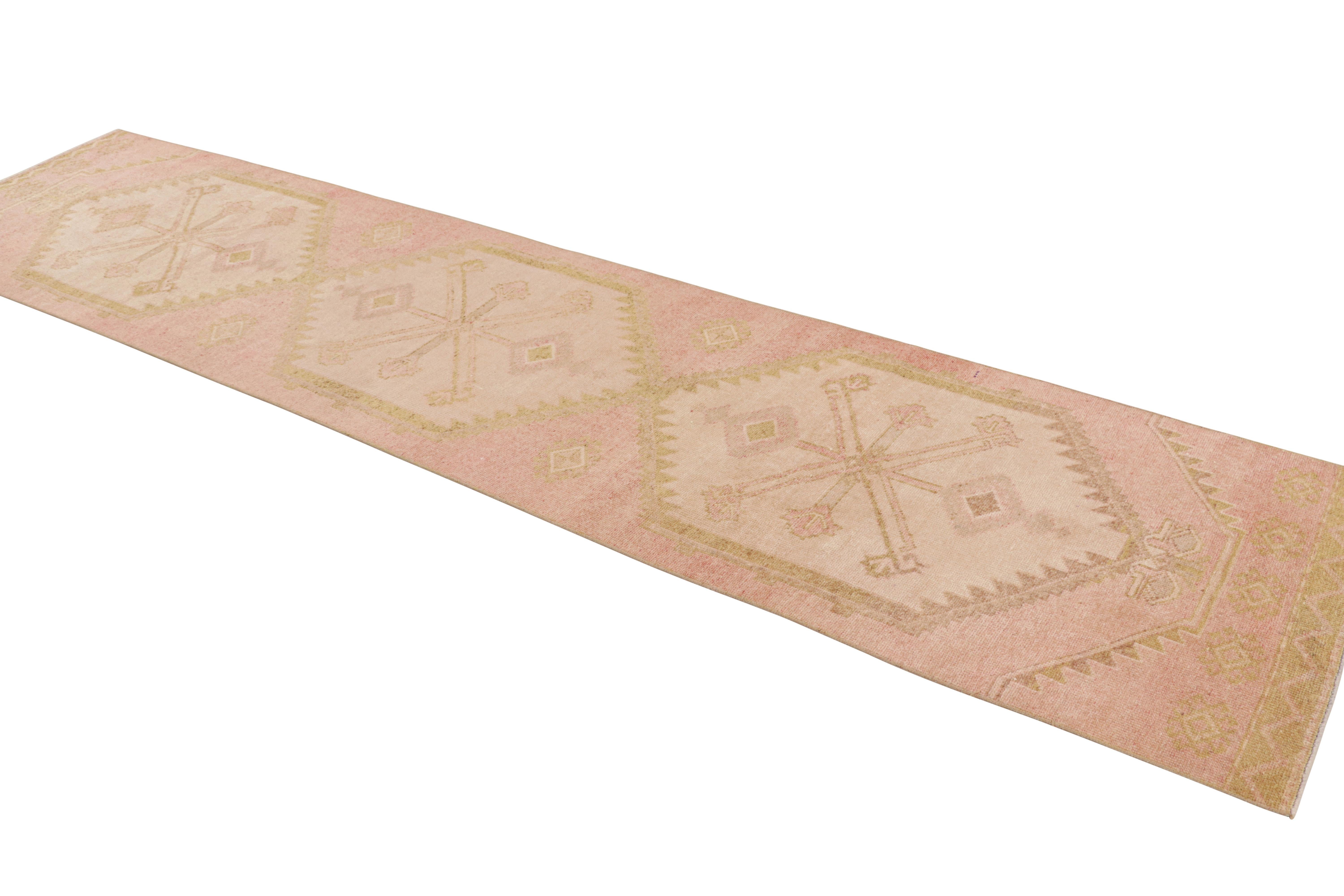 Hand-Woven Vintage 1950s Mid-Century Kilim Pink Runner Beige Geometric by Rug & Kilim For Sale