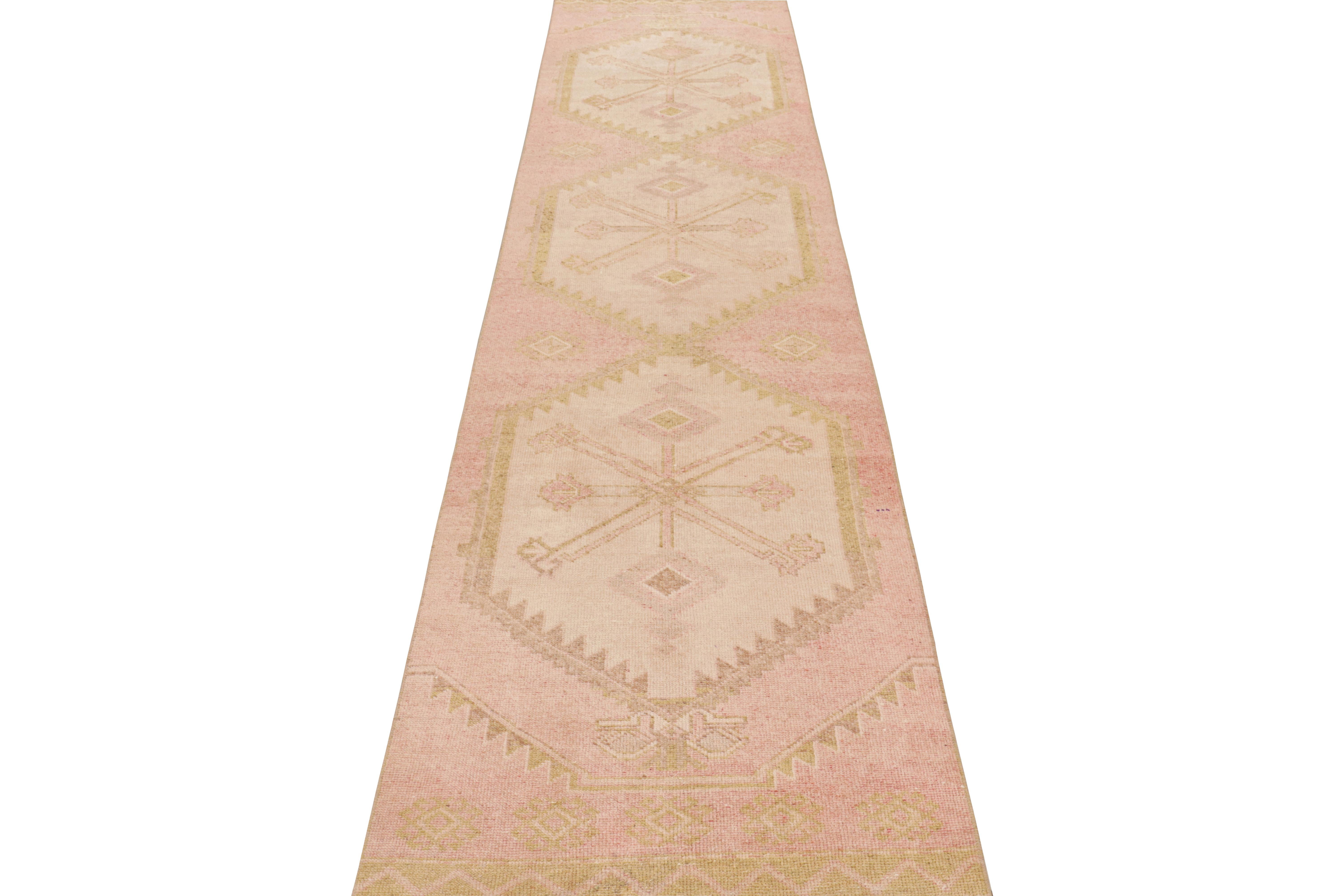 Vintage 1950s Mid-Century Kilim Pink Runner Beige Geometric by Rug & Kilim In Good Condition For Sale In Long Island City, NY