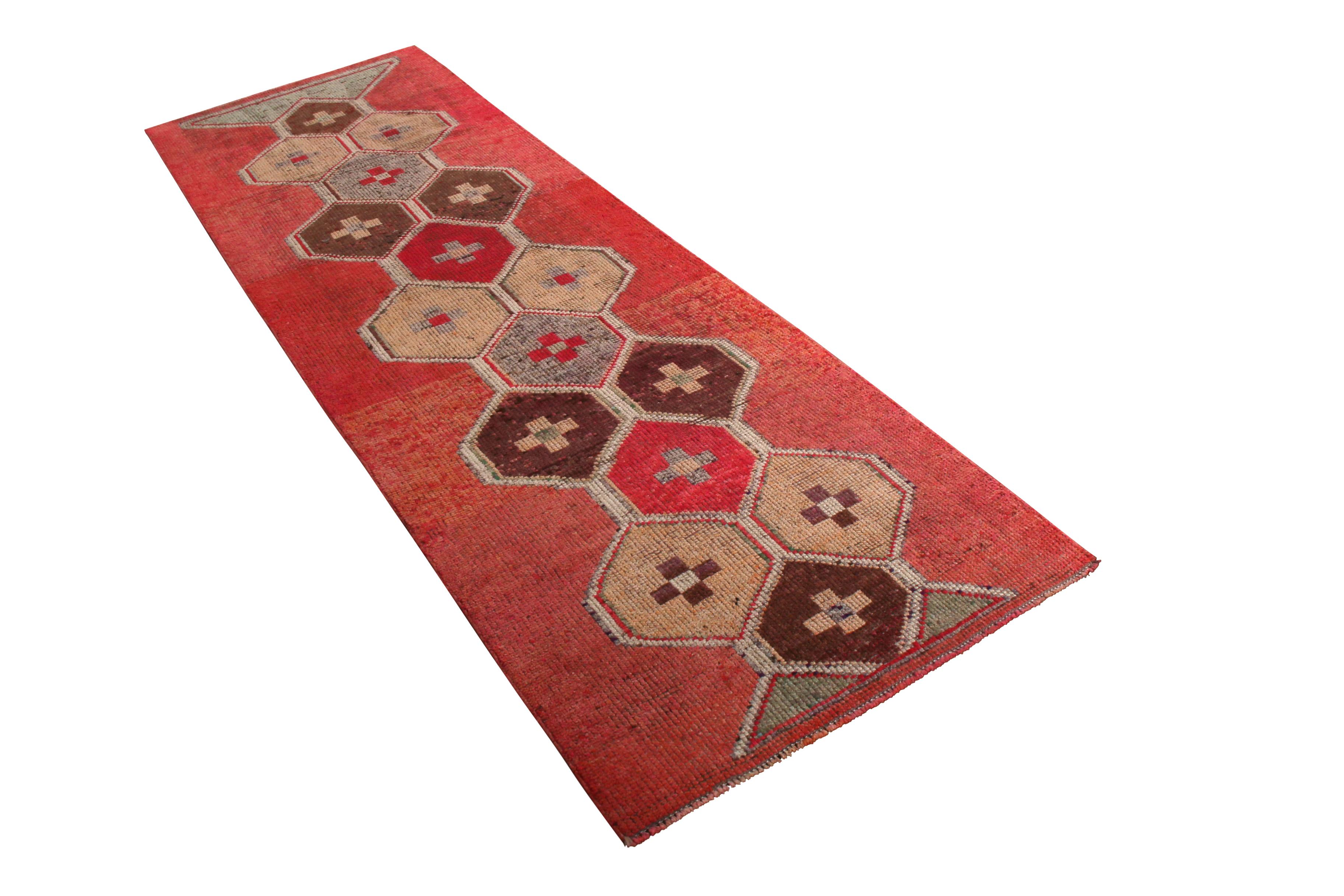 Turkish Vintage 1950s Red Runner Beige-Brown Blue Embroidery Pattern by Rug & Kilim For Sale