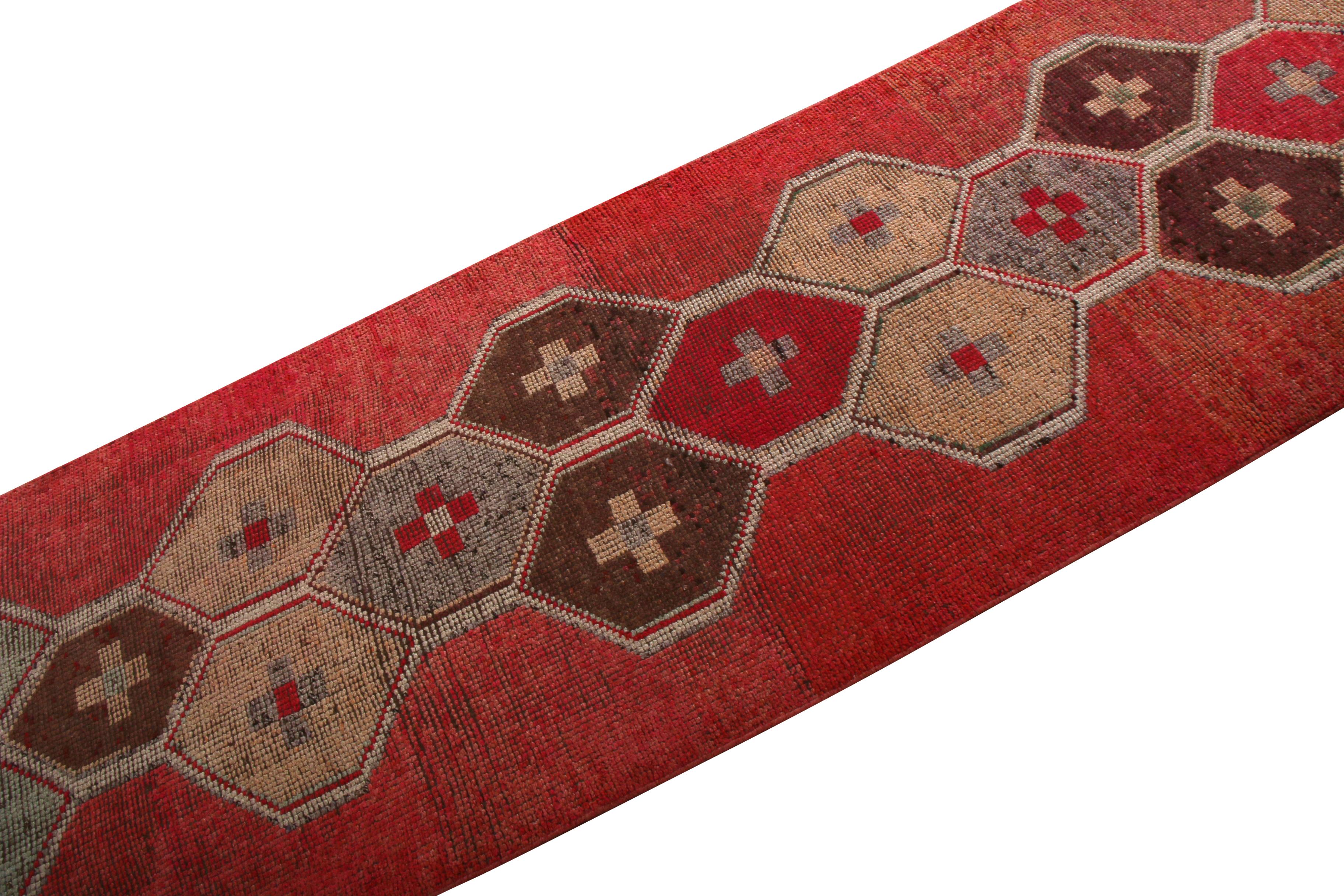 Hand-Woven Vintage 1950s Red Runner Beige-Brown Blue Embroidery Pattern by Rug & Kilim For Sale