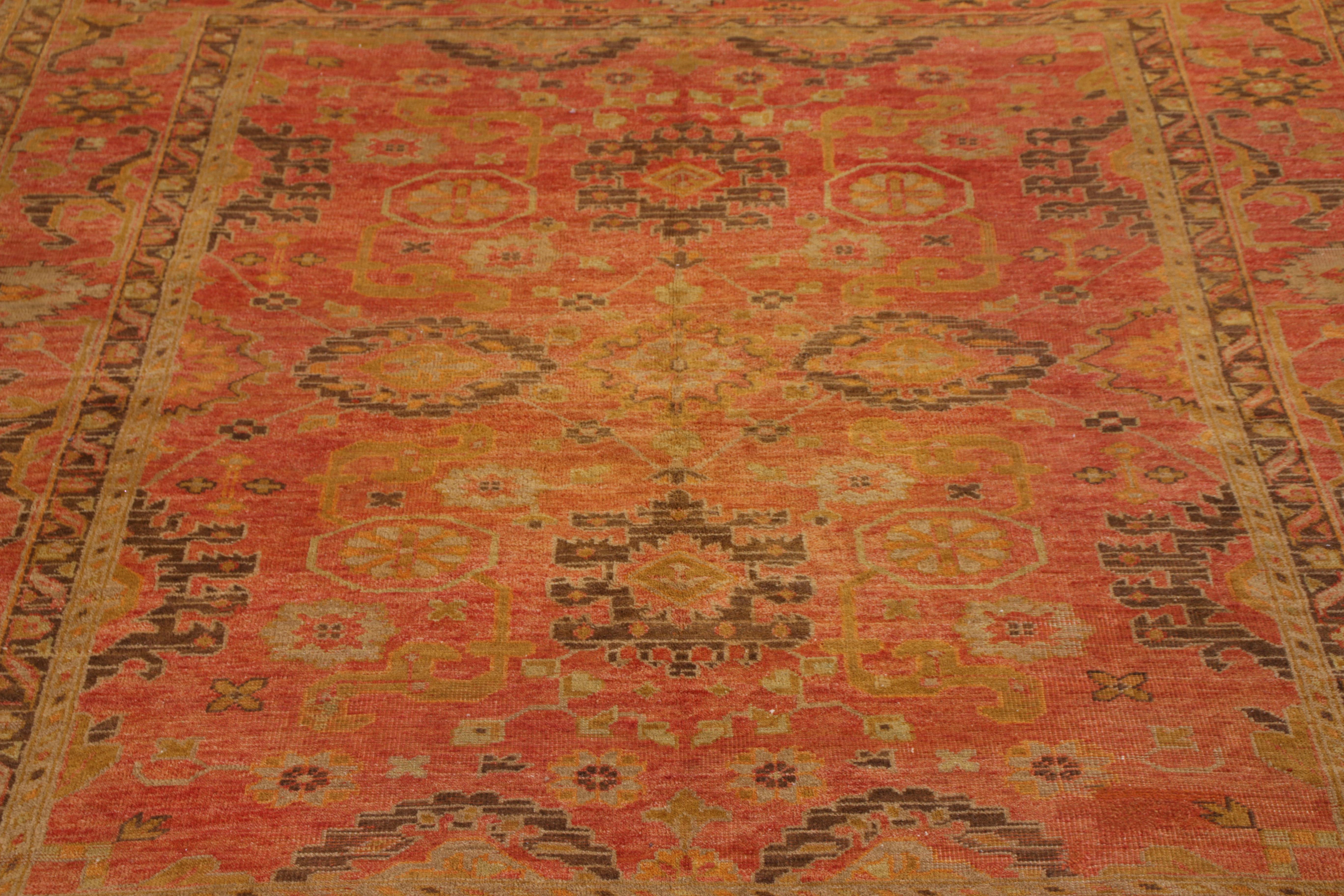 Turkish Vintage 1950s Midcentury Oushak Rug Red Gold Geometric Pattern by Rug & Kilim For Sale