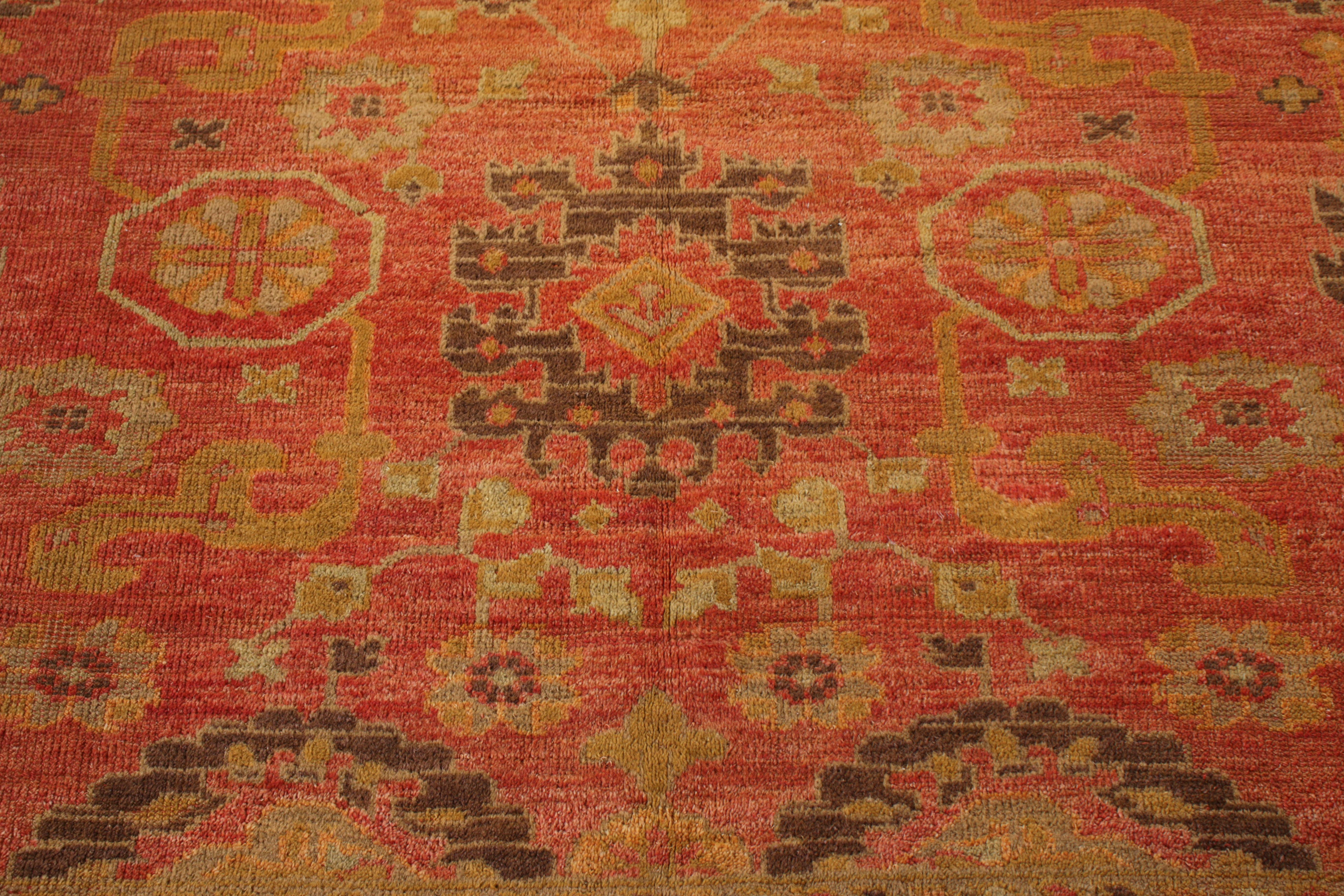 Hand-Knotted Vintage 1950s Midcentury Oushak Rug Red Gold Geometric Pattern by Rug & Kilim For Sale
