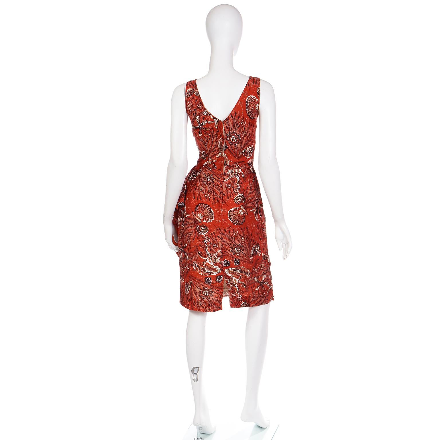 Vintage 1950s Mid Century Rust Copper Tropical Print Sarong Style Cotton Dress In Good Condition For Sale In Portland, OR