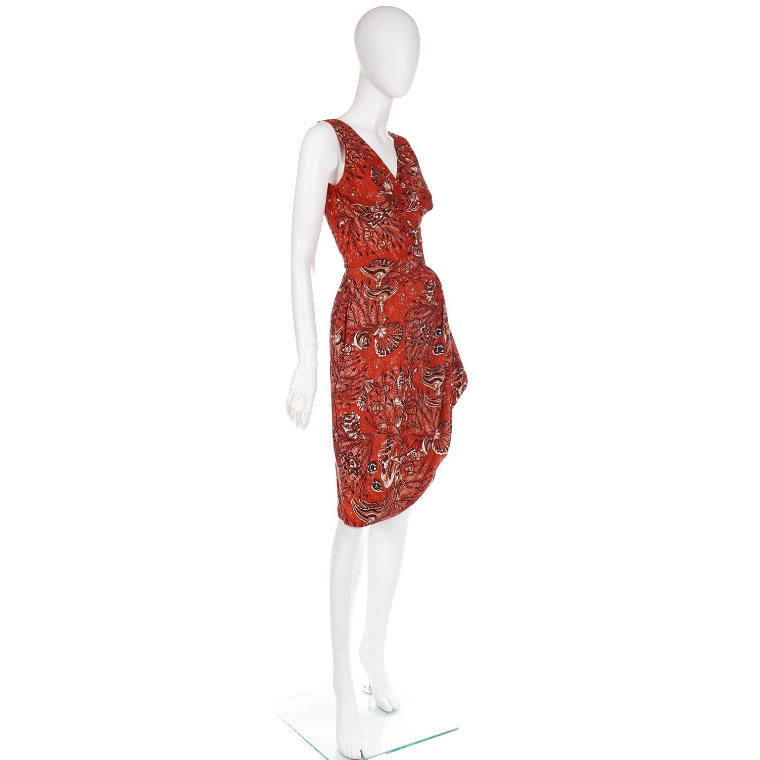 Vintage 1950s Mid Century Rust Copper Tropical Print Sarong Style Cotton Dress For Sale 1