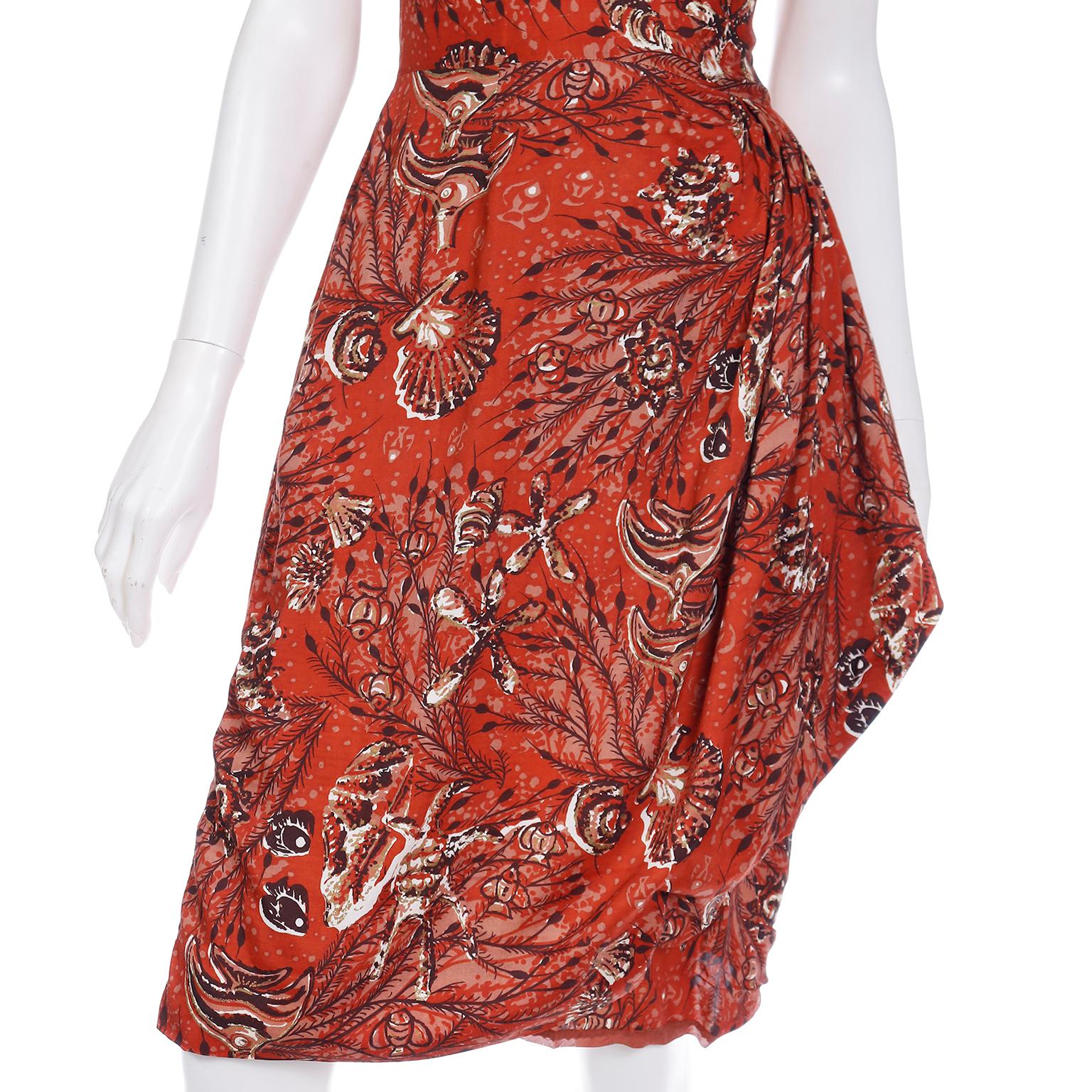 Vintage 1950s Mid Century Rust Copper Tropical Print Sarong Style Cotton Dress For Sale 2