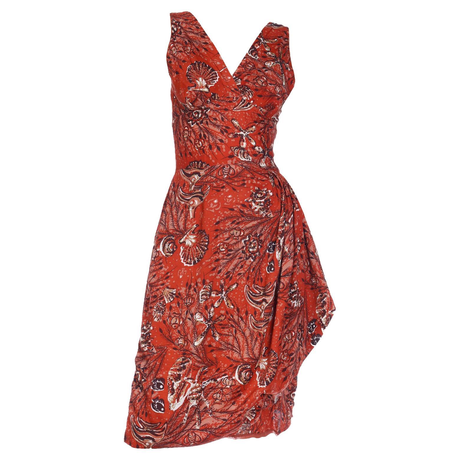 Vintage 1950s Mid Century Rust Copper Tropical Print Sarong Style Cotton Dress For Sale