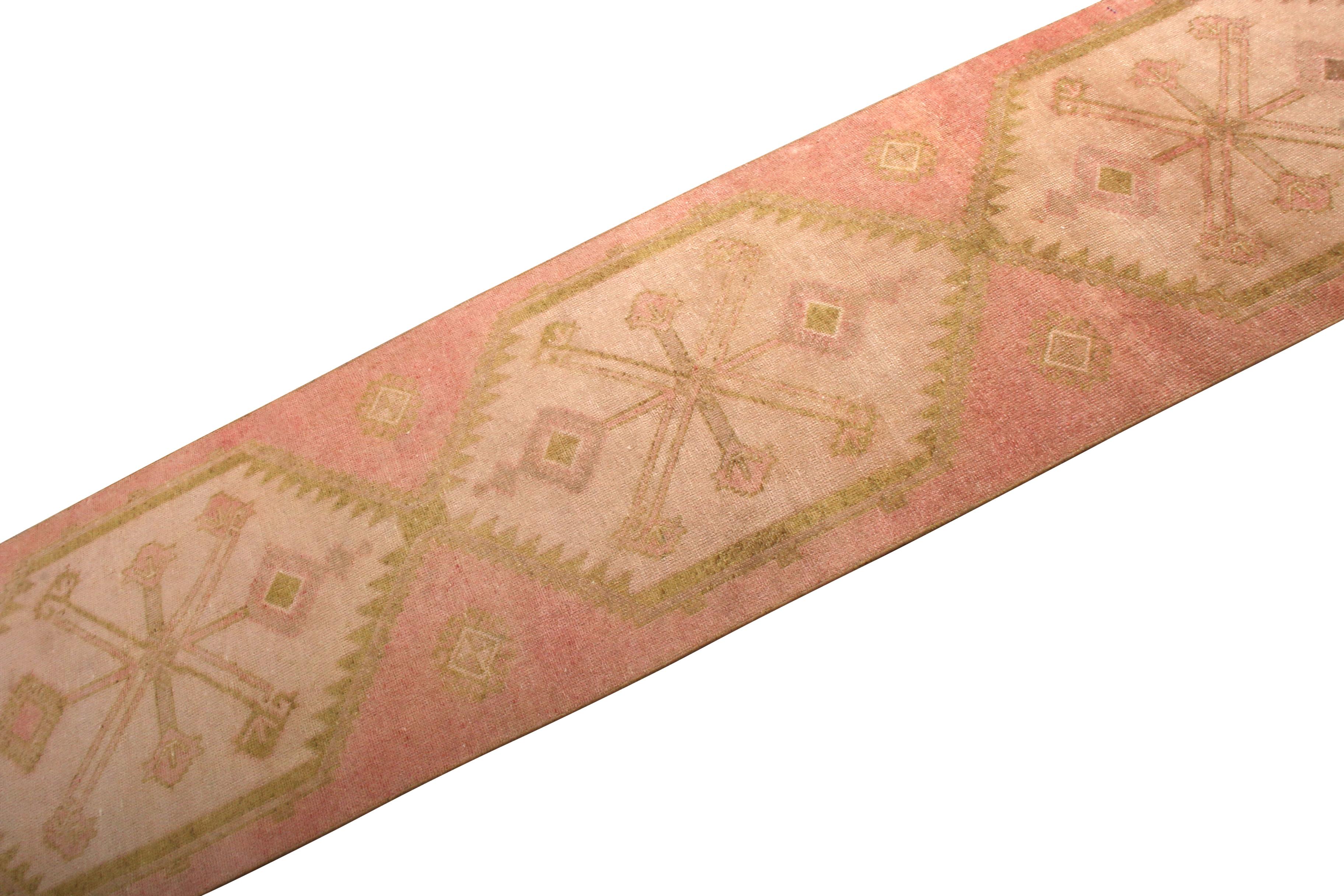 Turkish Vintage 1950s Mid-Century Kilim Pink Runner Beige Geometric by Rug & Kilim For Sale