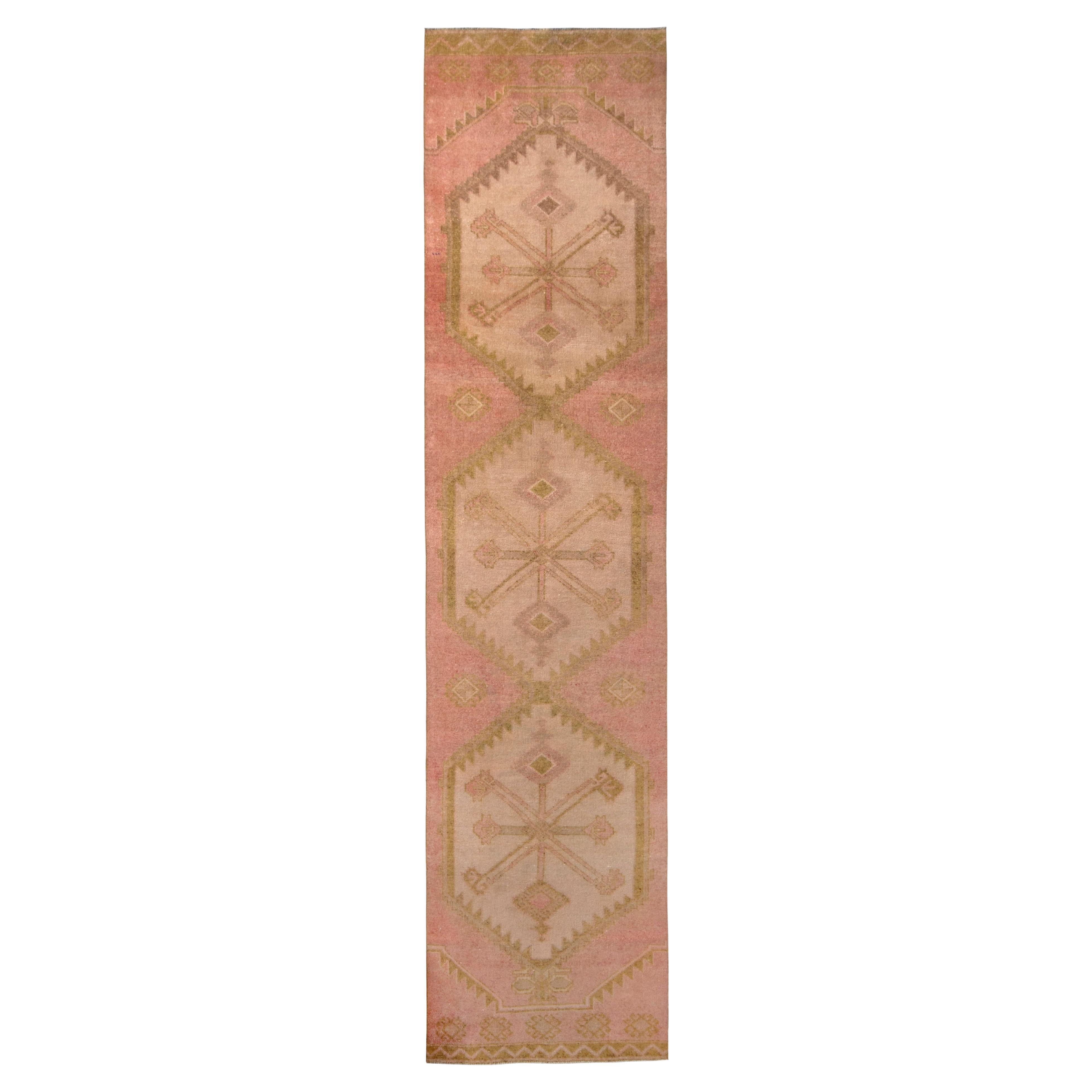 Vintage 1950s Mid-Century Kilim Pink Runner Beige Geometric by Rug & Kilim