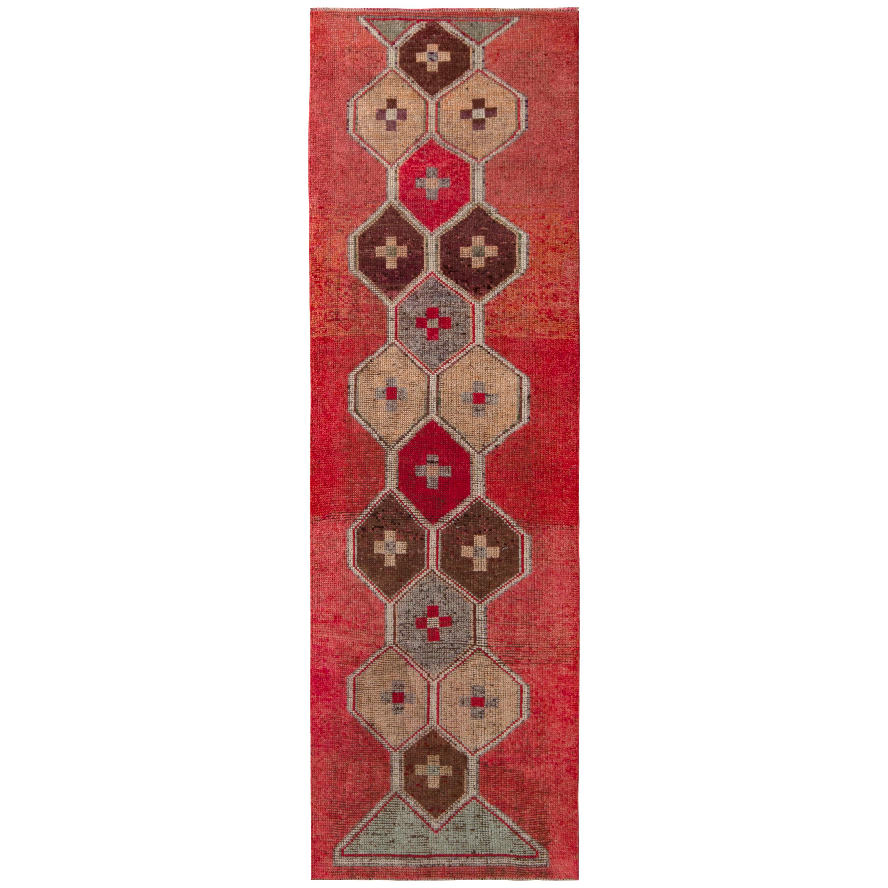 Vintage 1950s Red Runner Beige-Brown Blue Embroidery Pattern by Rug & Kilim For Sale