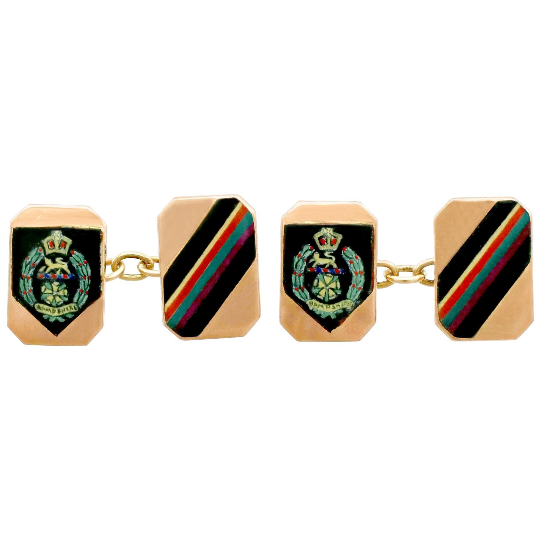 Vintage 1950s Military Interest Cufflinks in Rose Gold and Enamel