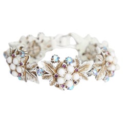 Vintage 1950's Milk Glass Rhinestone Floral Bracelet 1950s Flower bangle