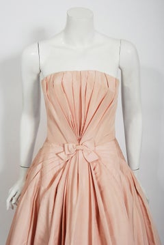 Vintage 1950's Mingolini Guggenheim Couture Pink Pleated Silk Strapless Gown