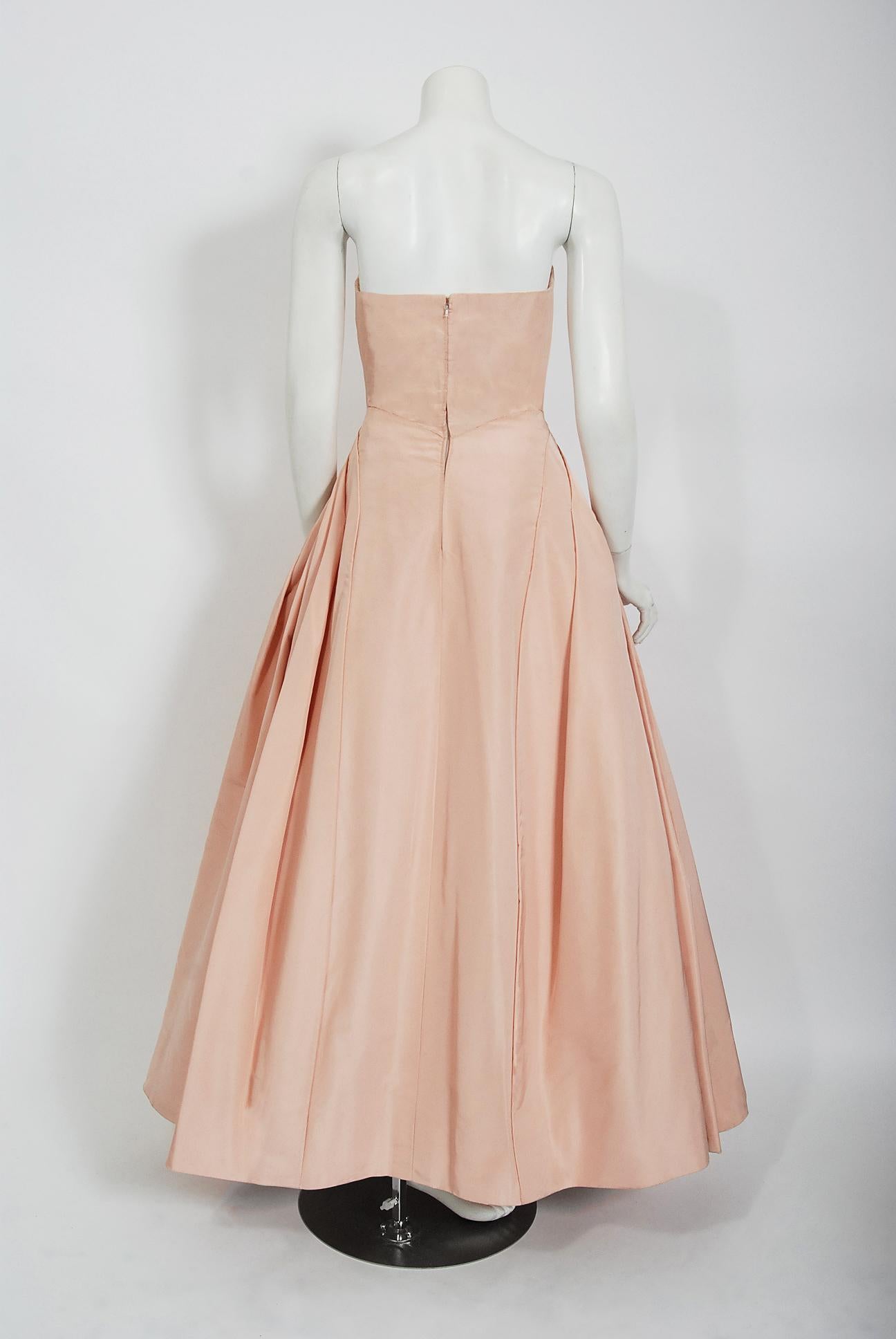 Vintage 1950's Mingolini Guggenheim Couture Pink Pleated Silk Strapless Gown 1