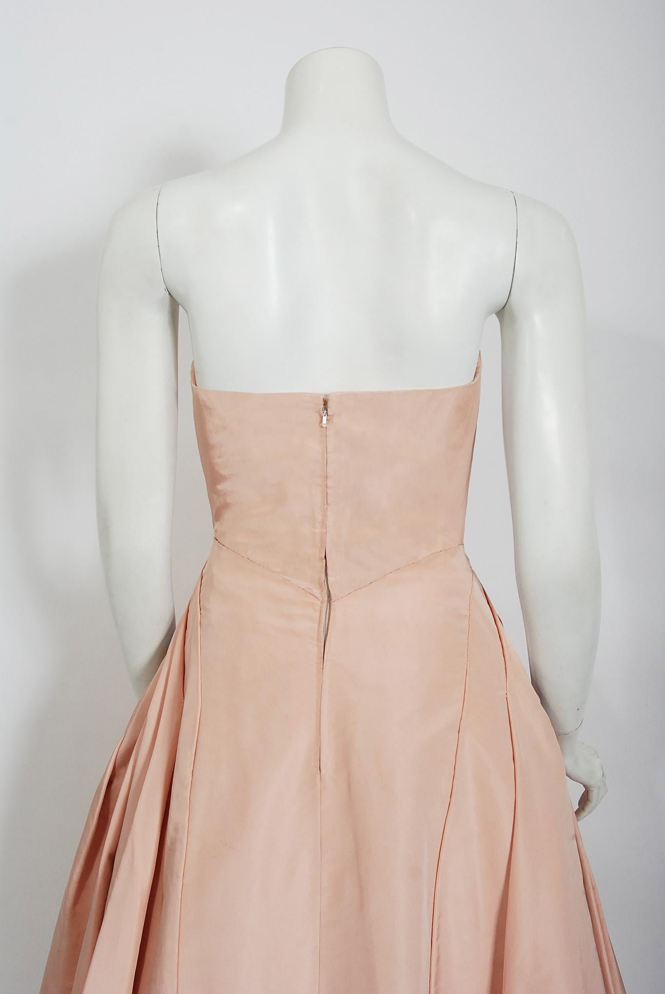 Vintage 1950's Mingolini Guggenheim Couture Rosa plissiert Seide trägerlos Kleid 2