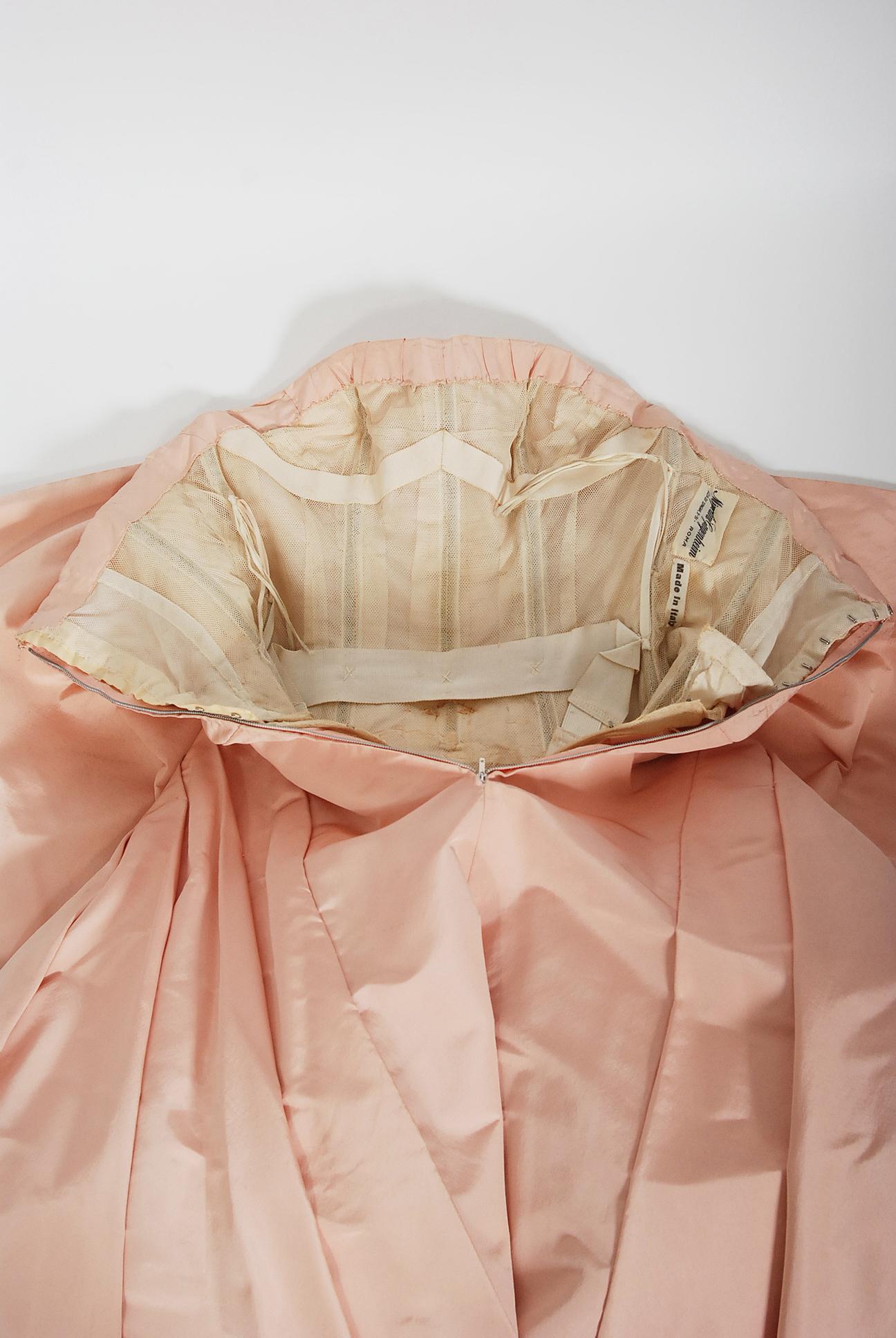 Vintage 1950's Mingolini Guggenheim Couture Rosa plissiert Seide trägerlos Kleid 3