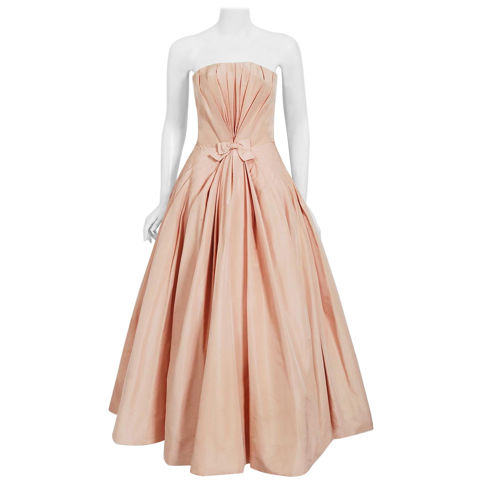 Vintage 1950's Mingolini Guggenheim Couture Pink Pleated Silk Strapless Gown