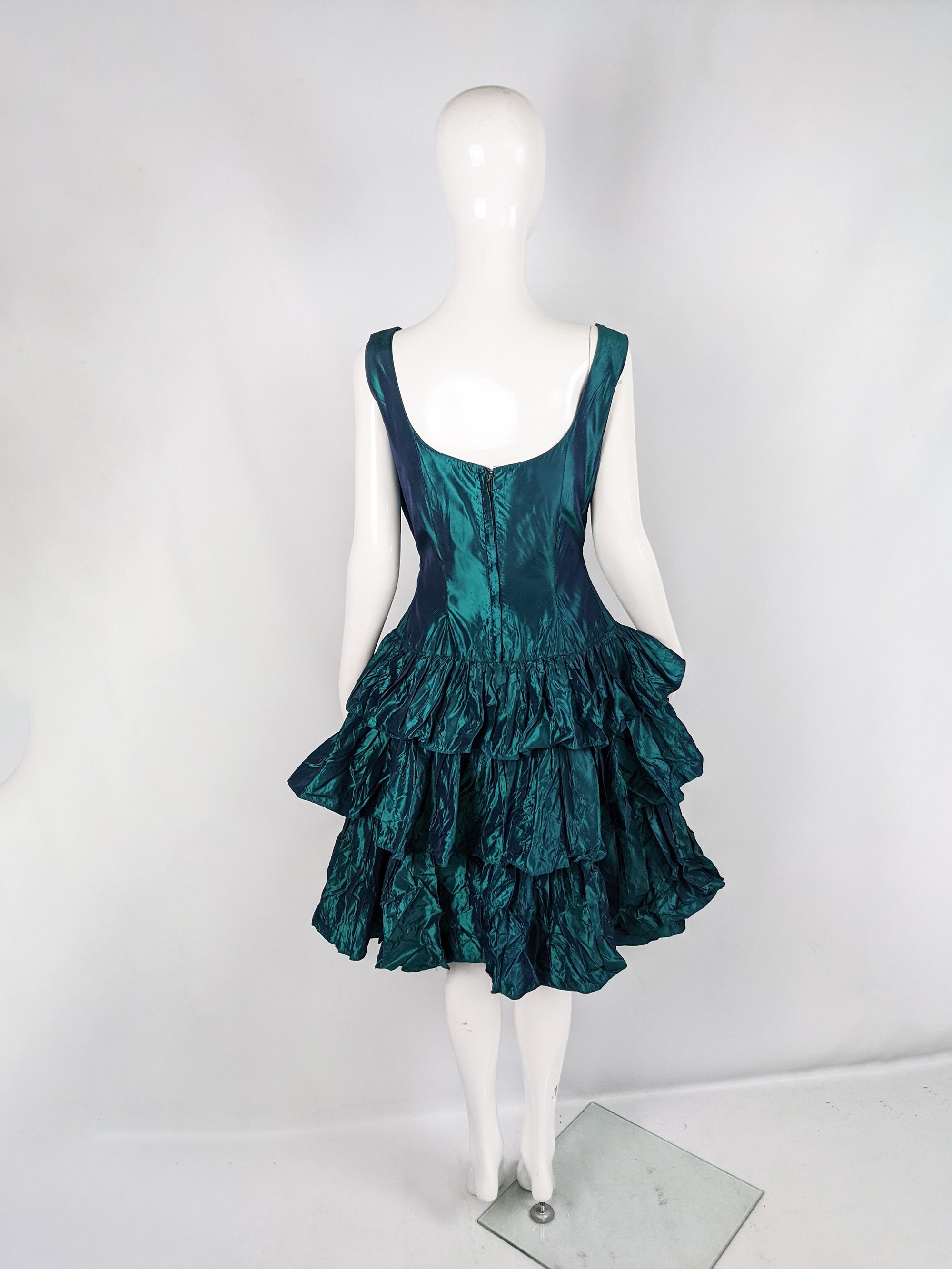 Vintage 1950s Miss London Green Taffeta Pleated Tiered Hem Party Evening Dress  In Good Condition In Doncaster, South Yorkshire